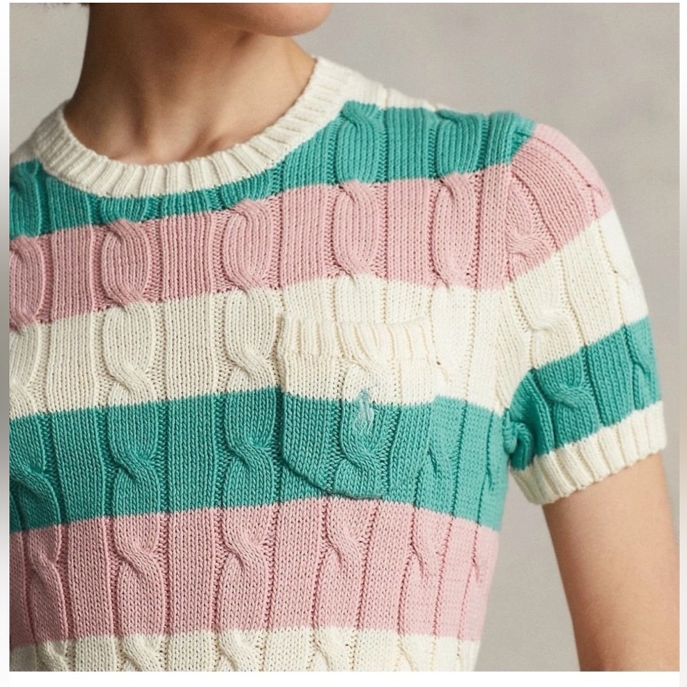 Vintage Polo Ralph Lauren Cable Knit Short Sleeve Sweater XS Striped Preppy - Picture 2 of 8